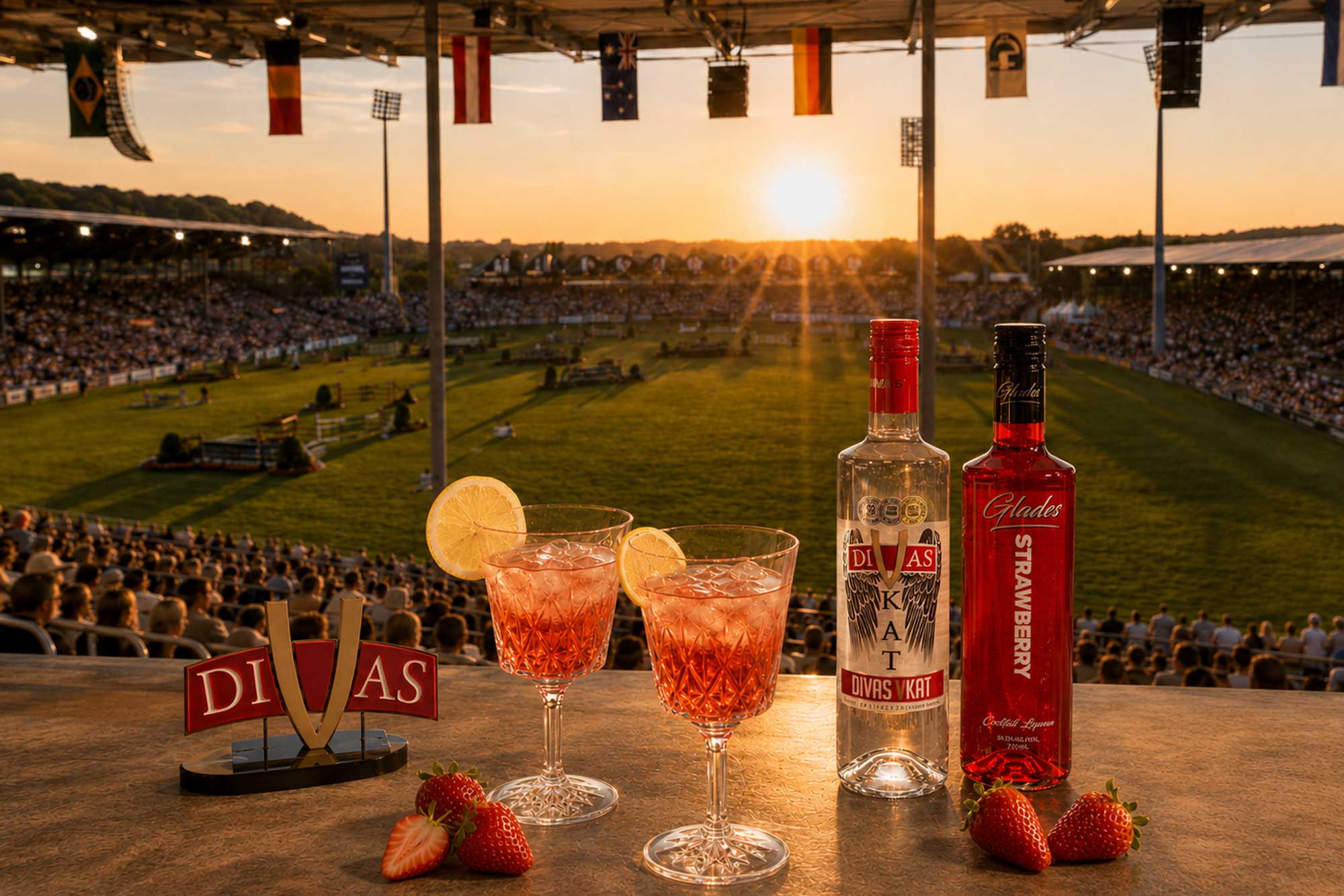 Divas Beverages overlooking an international jumping arena at sunset